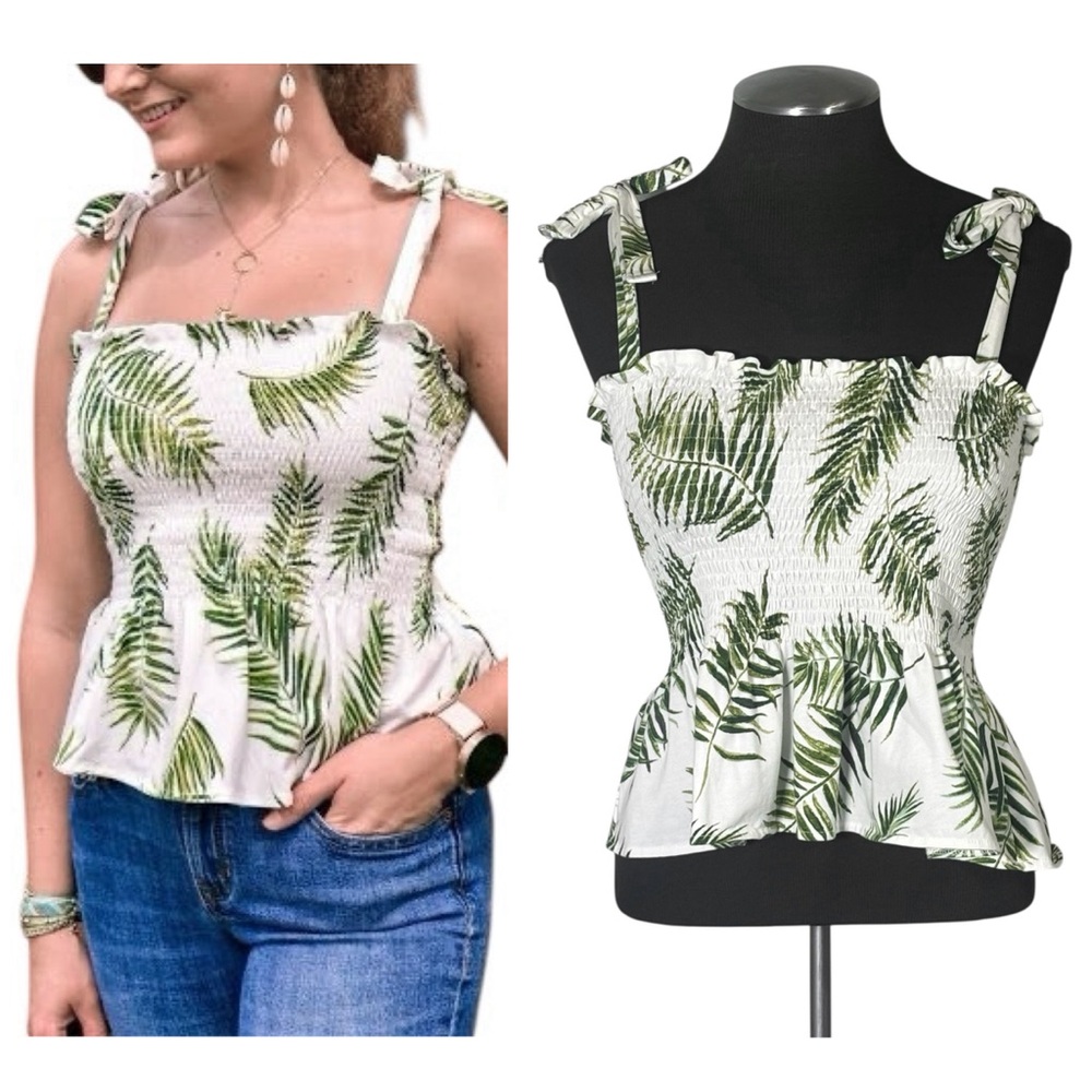 H&M – Palm Leaf Print Smocked Cotton Blend Crop Top – Small
